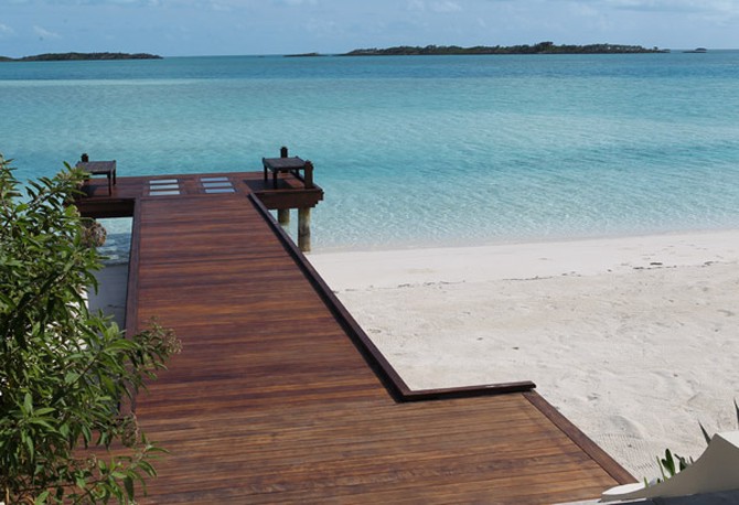 Wood dock off Musha Cay, David Copperfield's private island