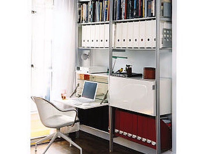 The Rakks shelving system features an Ikea foldout desk.