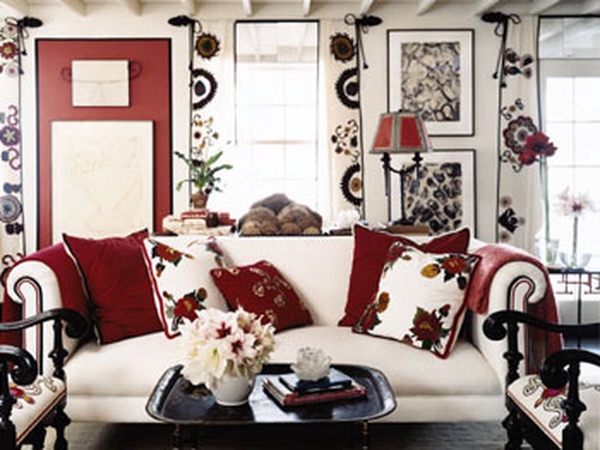Suzani patterns embellish every surface of Marian McEvoy's living room