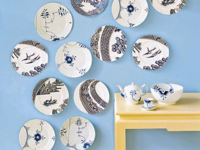 Porcelain tea set and Wedgwood blue plates