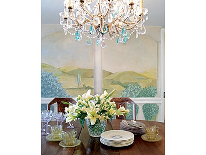 Maureen Dowd's dining room mural and chandelier