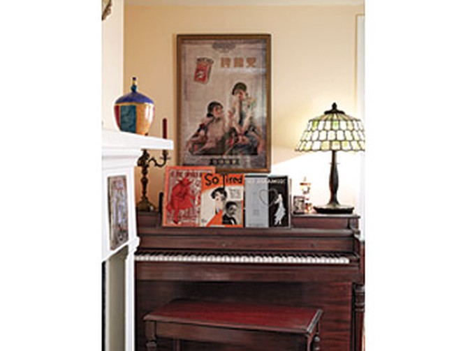 Maureen Dowd's upright piano and vintage sheet music in JFK's old bedroom.