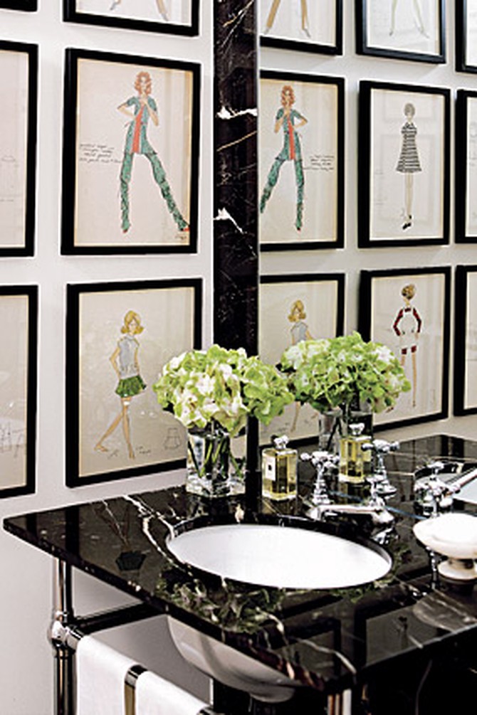 Fashion sketches from Kay Unger's college days hang in the powder room.