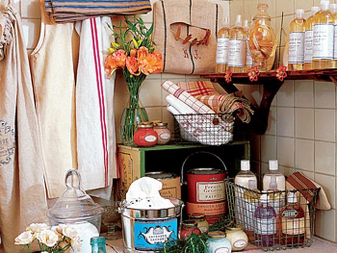 Paint and soap are displayed in the bungalow's old laundry room.