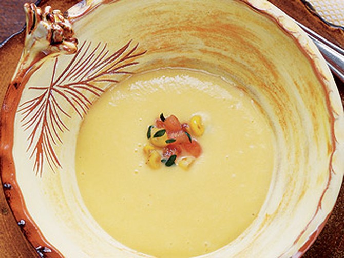 Sweet Corn and Buttermilk Soup is served cold and with a tomato and corn relish.