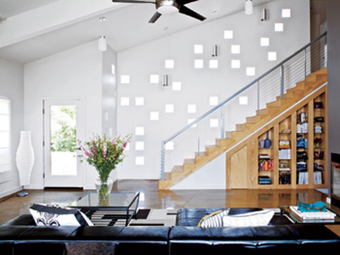 Glass blocks allow ample sunlight in Heather Ferrier's living room.