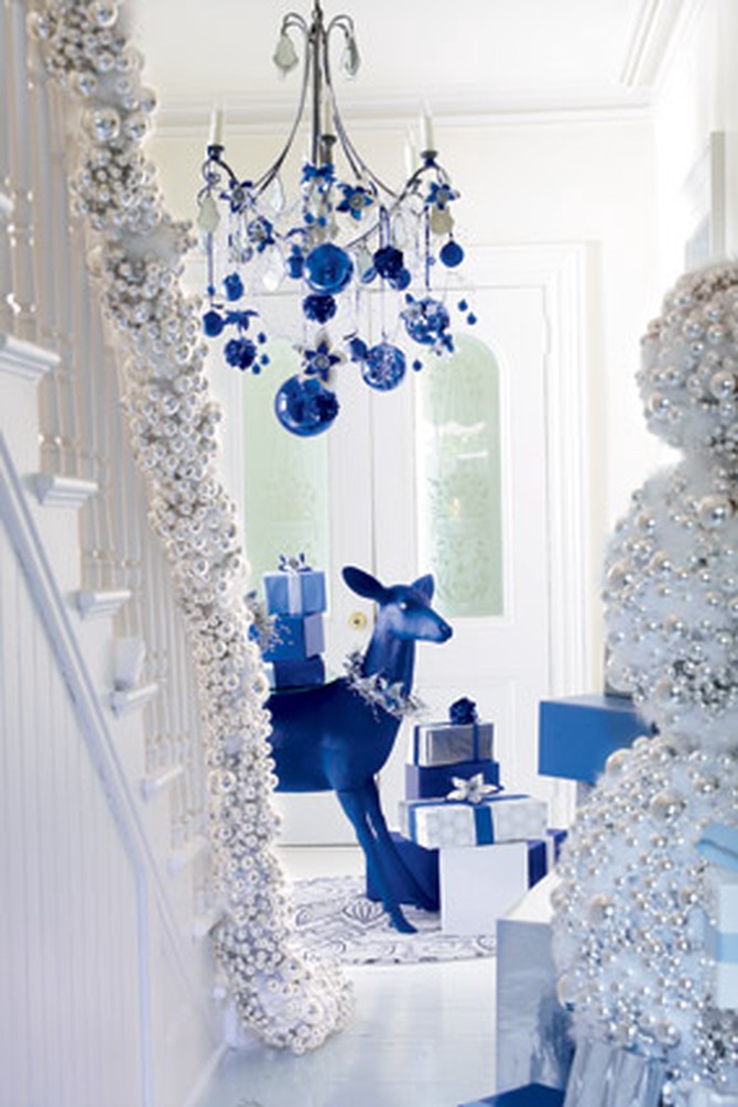 Silver and blue holiday decorations