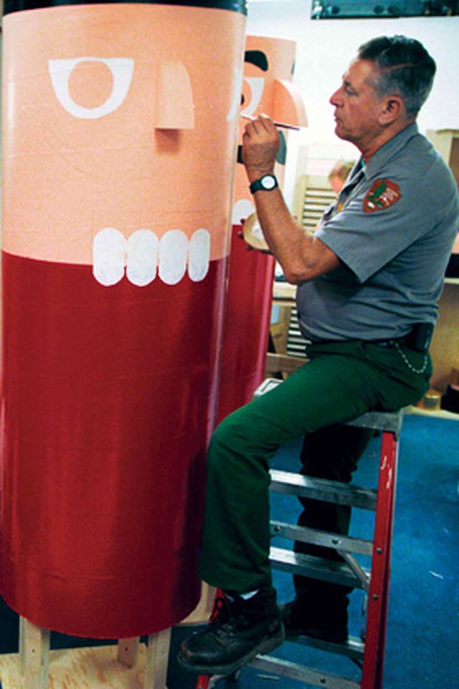 Larry Forrest of the national Park Service assembles 12-foot-tall nutcrackers for Mrs. Bush's 2003 Christmas, A Season of Stories.