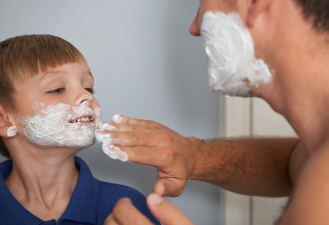 Dad and son shave