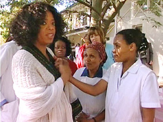 Oprah with a patient at the Fistula Hospital, Ethiopia