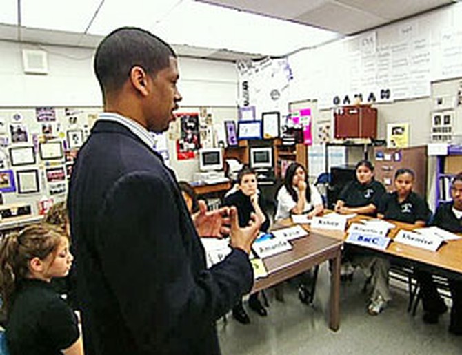 Kevin Johnson meets a group of parents at St. Hope