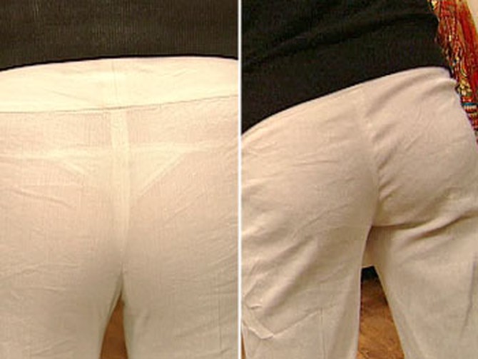 Pants with thong before (left) and after (right)