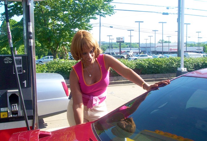 Gayle gasses up the Chevy Impala