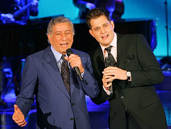 Michael Bubl&#233; and Tony Bennett singing 'Just in Time.'