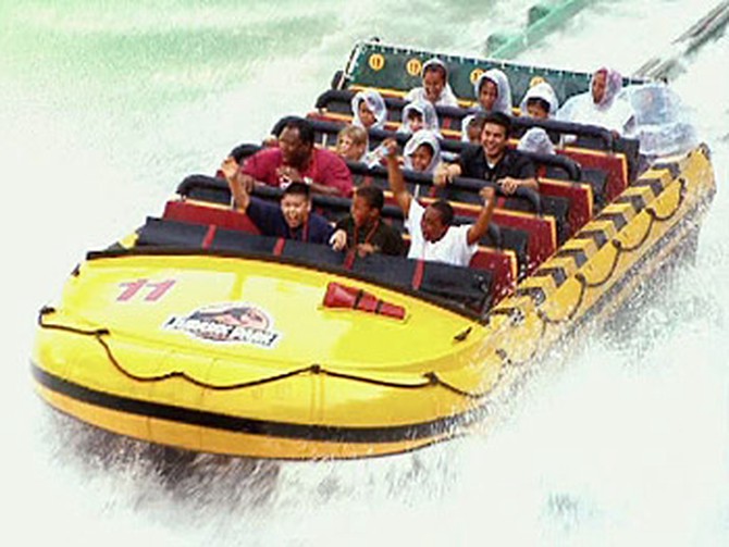 The Peete family and friends on a water ride at Universal Studios