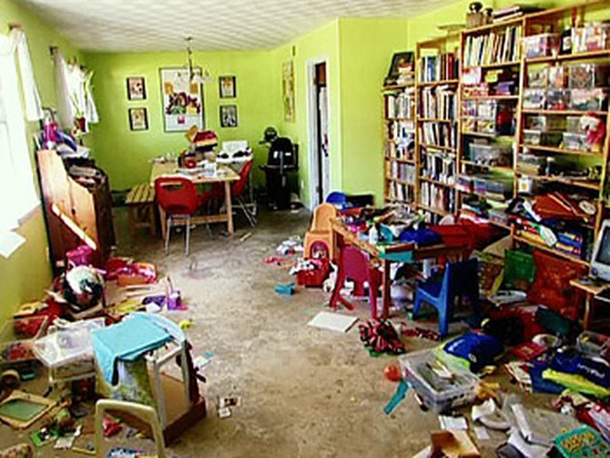 The Gavitts' cluttered family room