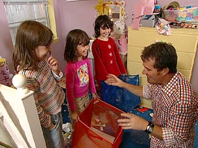 Miranda, Katharine and Audrey help Peter clean the playroom.