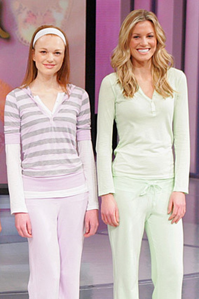 Lavender pullover with matching sweatpants and a mint green jersey top with matching pants
