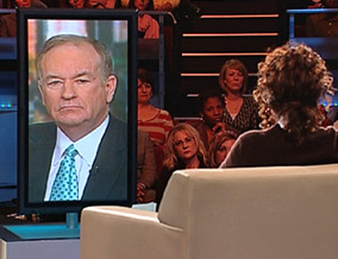 Oprah speaks with Bill O'Reilly via satellite.