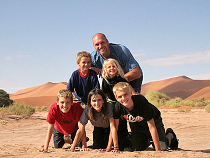 Tom, Kieran, Asher, McKane, Anne and Dax Andrus in Namibia, Africa.