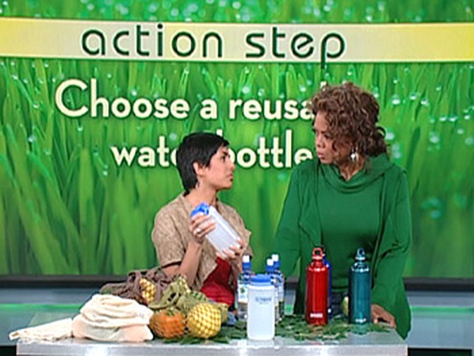 Simran shows Oprah some high-quality water bottles.