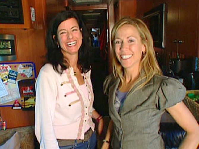 Singer Sheryl Crow and activist Laurie David on their tour bus.