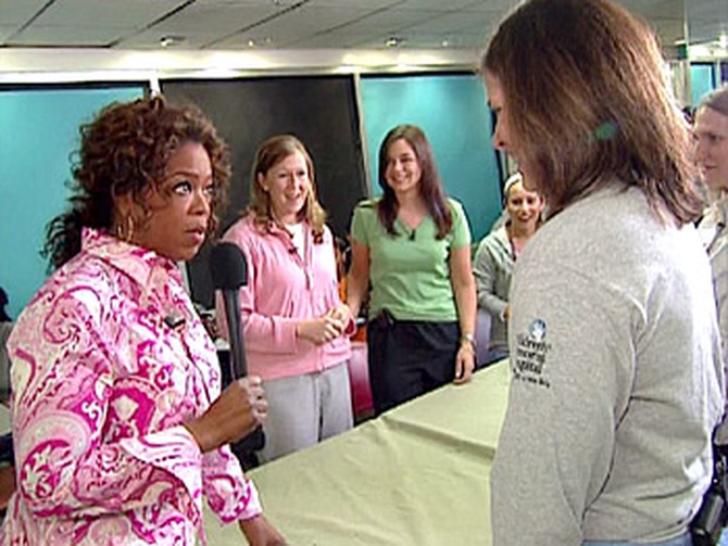 Oprah surprises Charlie's nurses at Children's Memorial Hospital.