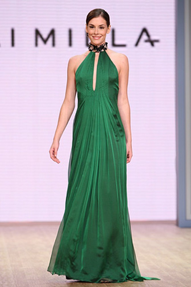The parsley green, iridescent chiffon drape gown