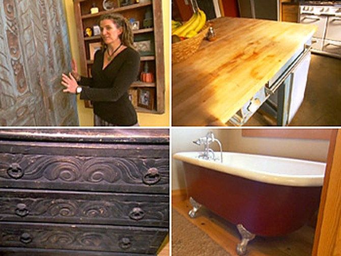 Sally uses salvaged items and goods from garage sales in her home.