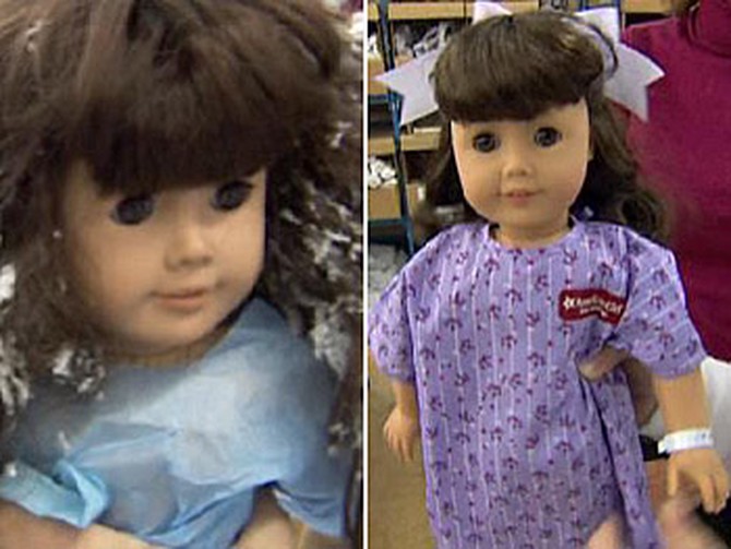 Damaged American Girls get some TLC at the doll hospital.