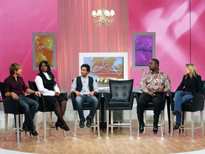 Ken Paves, Kimberly Kimble, Harry Josh, Ted Gibson and Rita Hazan chat as they await Oprah's entrance.