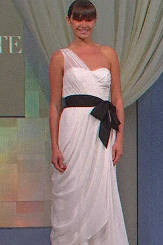 One-shoulder, crinkle chiffon-draped gown by Vera Wang