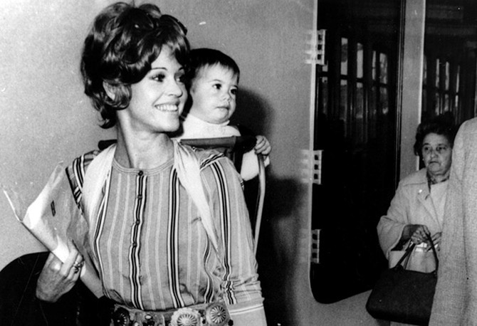 Jane Fonda walks with her daughter, Vanessa Vadim, in 1969