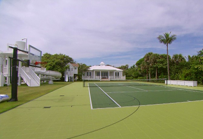 The tennis court and basketball hoops
