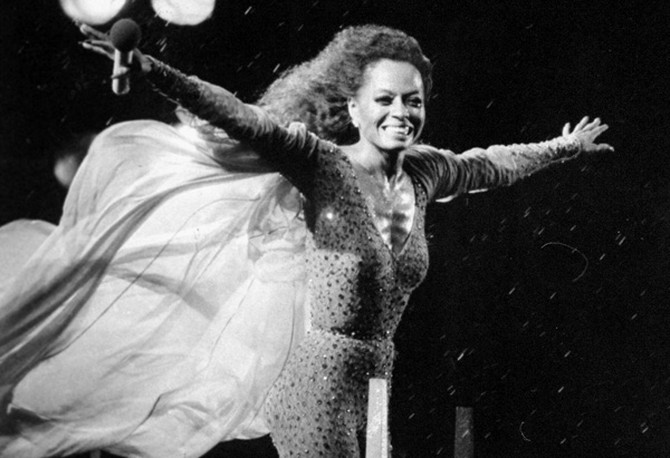Diana Ross at her concert in the rain in Central Park, 1983
