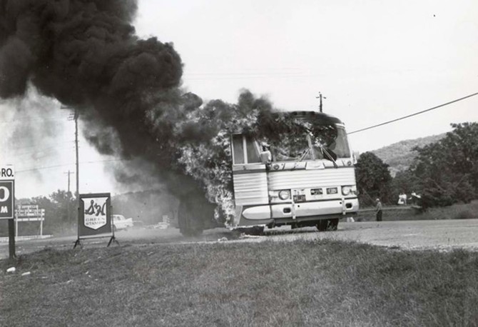 Freedom Riders near burning bus