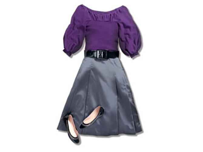 Purple top, full skirt, patent leather flats, and belt